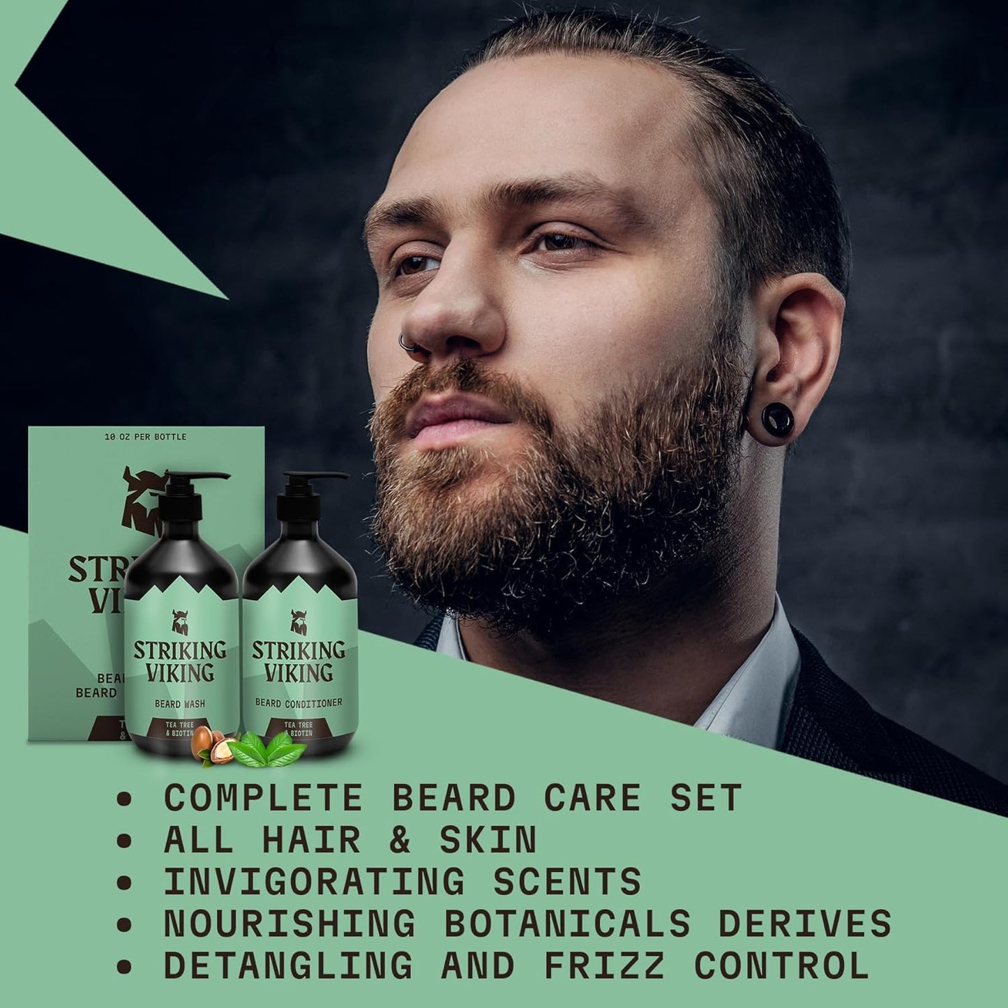 Striking Viking Beard Wash and Conditioner (Tea Tree & Biotin) - Paraben & Sulfate Free Cleansing Care for All Beard Types (10oz Per Bottle)