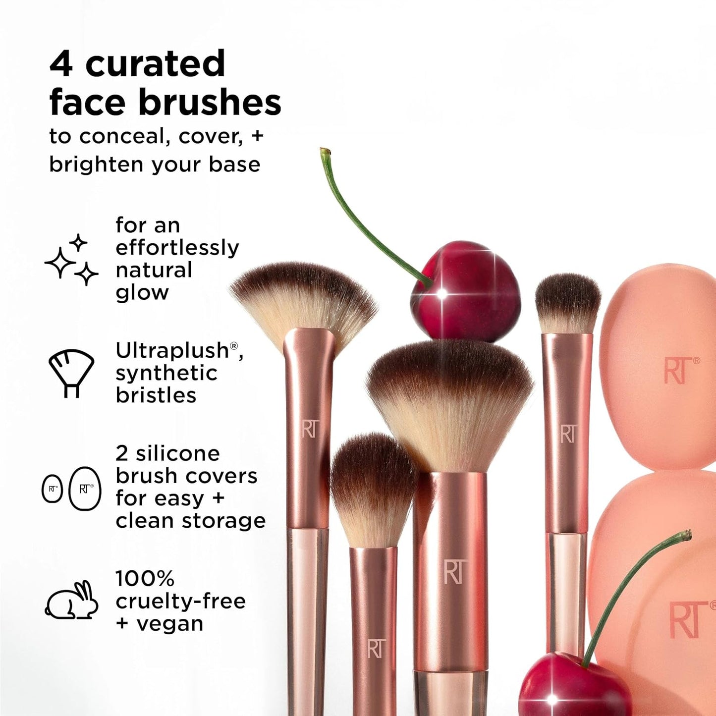 Real Techniques Cherry On Top A Brighter Hue Base Set, Face Makeup Brushes & Travel Covers, For Foundation, Concealer, Powder, & Blush, Synthetic Bristles, Vegan & Cruelty-Free, 6 Piece Set