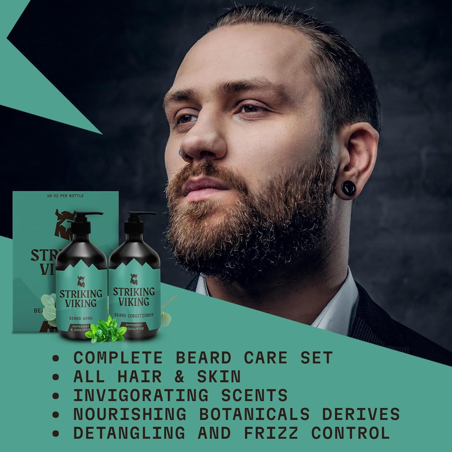Striking Viking Beard Wash and Conditioner - 10 Fl Oz per Bottle, Peppermint & Eucalyptus - Paraben & Sulfate Free, with Jojoba Oil - Deep Clean Beard Shampoo & Conditioner - All Facial Hair Types