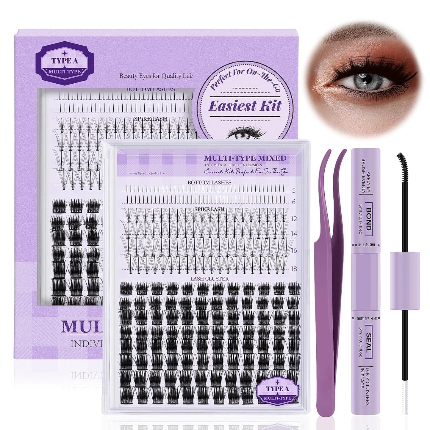 B&Qaugen B&Q Lash Extension Kit 10-16mm Eyelash Extension Kit Multi-Type A Lash Clusters Kit 256PCS Lash Clusters with Bottom Lashes, 7D Wispy Spikes Fans, Bond & Seal, Lash Tweezer （spike-A-10-16mm）