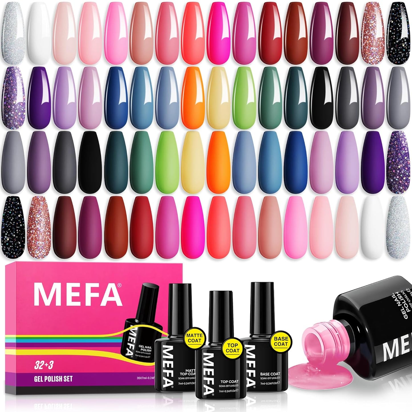 MEFA 35 Pcs Gel Nail Polish Set, 32 Colors All Seasons Collection Gel Nail Polish Kit with Base Coat No Wipe Glossy/Matte Top Coat Blue Red Pink Nail Art Manicure DIY Salon Home Gifts for Women Girls