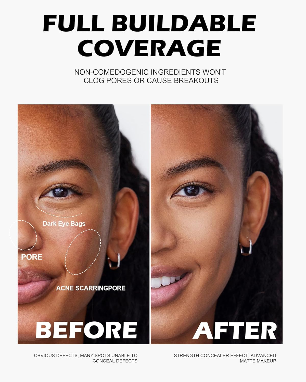 Soft Focus Deep Liquid Concealer Foundation, Hydrating High Coverage Liquid Foundation, Waterproof Long Lasting 24h Full Coverage Matte Finish, Lightweight Liquid Concealer for Women, 08