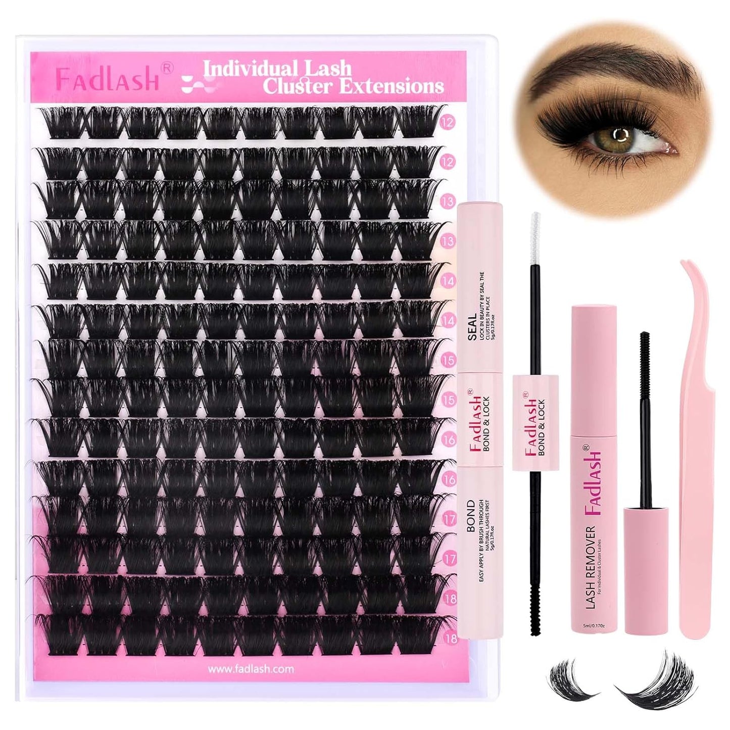 FADLASH Lash Extension DIY Kit Lash Clusters D Curl Cluster Lashes with Lash Bond and Seal Cluster Lashes Glue Remover Lash Tweezers for DIY Eyelash Extension at Home（Kit 200D-0.07D-12-18MIX）, black