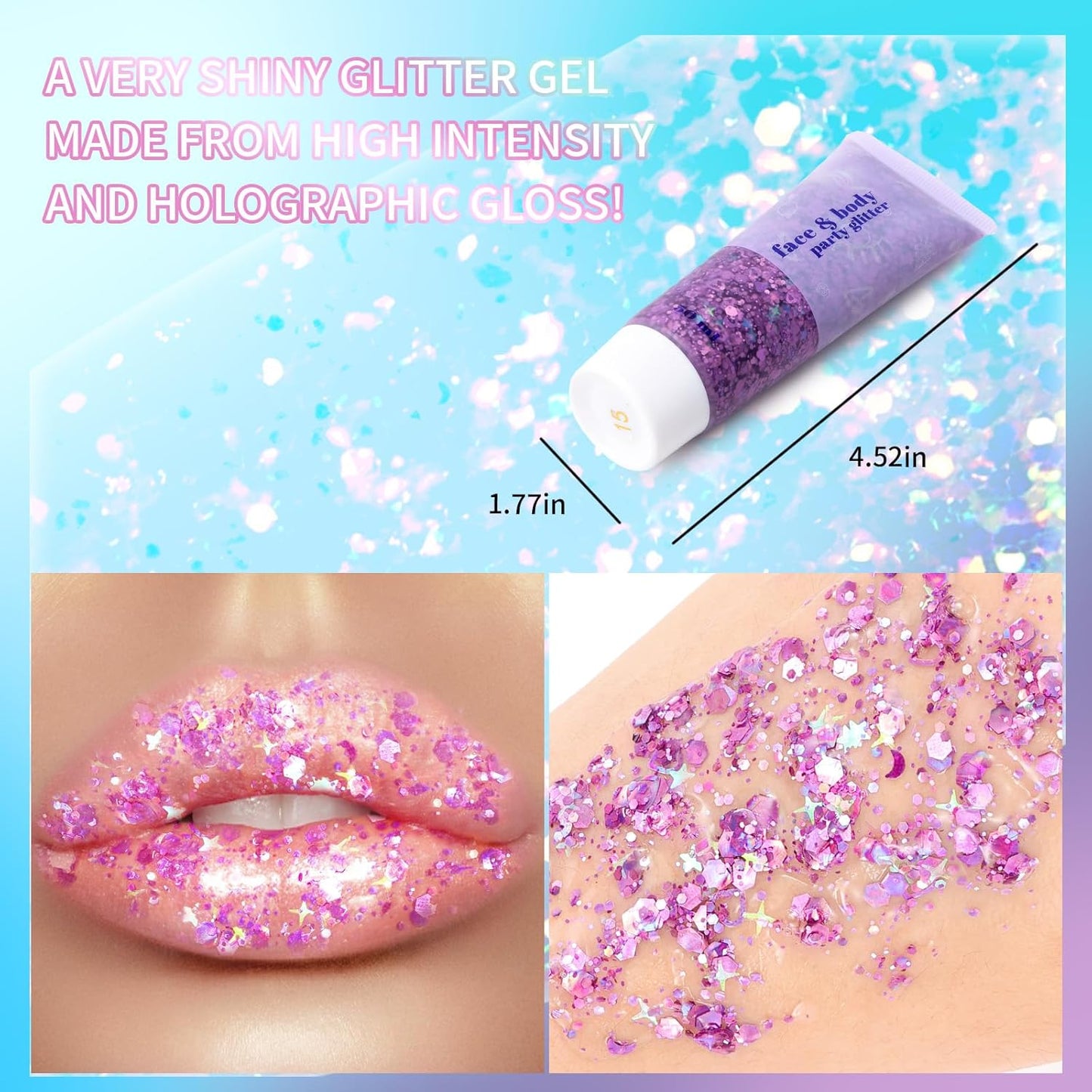 DAGEDA Purple Body Glitter Gel, Holographic Face Glitter Body Gel Rave Party Accessories, Chunky Glitters for Face Hair Nails, Cosmetic Laser Powder Festival Sequins Paint Makeup