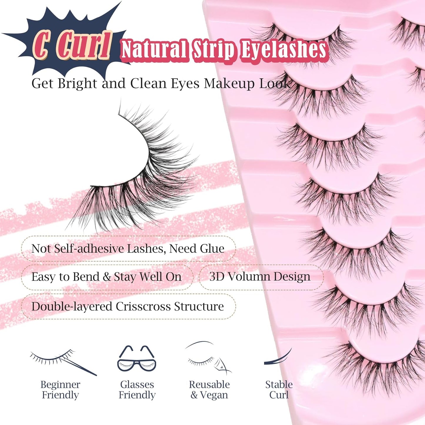 False Lashes Natural Wispy Eyelashes 11mm Short Lashes 3D Volume Fake Eyelashes Thin Cotton Band C Curl Soft Strip Eye Lashes Pack 7 Pairs Siligli