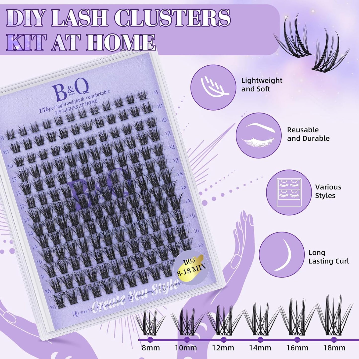 Lash Extension Kit B03 Eyelash Extension Kit B&Qaugen DIY Lash Extension Kit 156 PCS Lash Clusters 8-18mm Cluster Eyelash Extensions Kit with Lash Bond and Seal Lash Applicator Tool (Kit,B03)