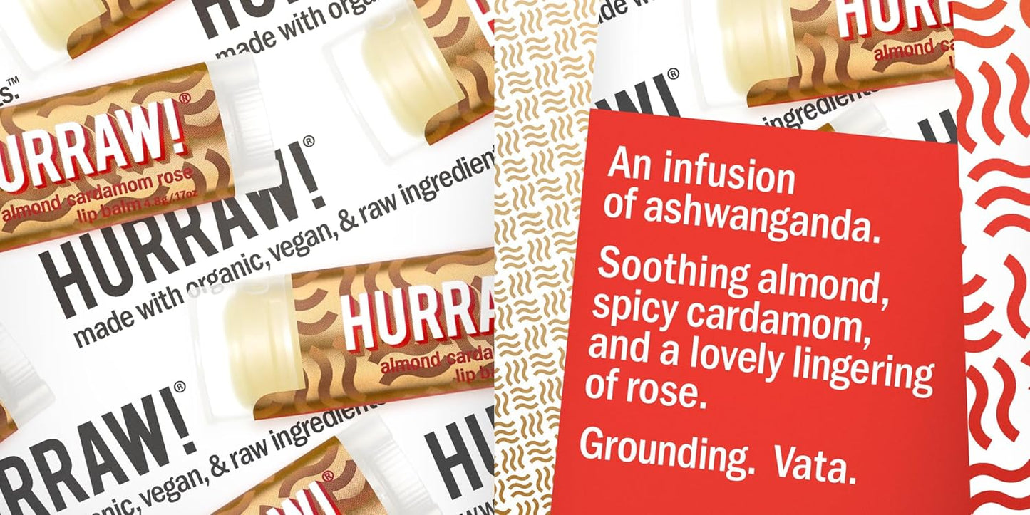 Hurraw! Pitta (Coconut, Mint, Lemon Grass), Kapha (Grapefruit, Ginger, Eucalyptus), Vata (Almond, Cardamon Rose) Lip Balms, 3 Pack Bundle: Organic, Certified Vegan, Cruelty, Gluten Free, 100% Natural