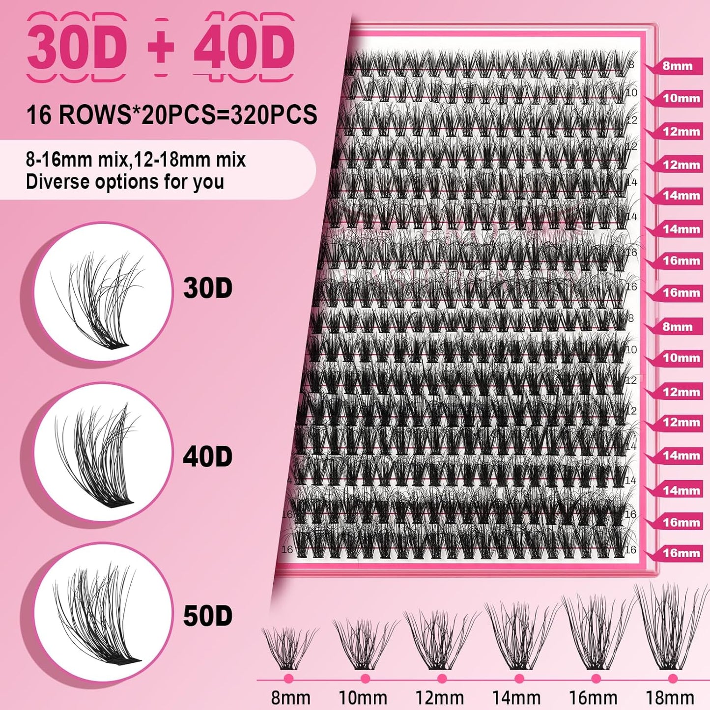 Lash CIusters 320Pcs Individual Lashes 3D Volume Cluster Lashes Natural Look Eyelash Clusters Faux Mink Wispy Lashes 30D+40D-C Mixed DIY Lash Extension (30D+40D-C,8-16mix)