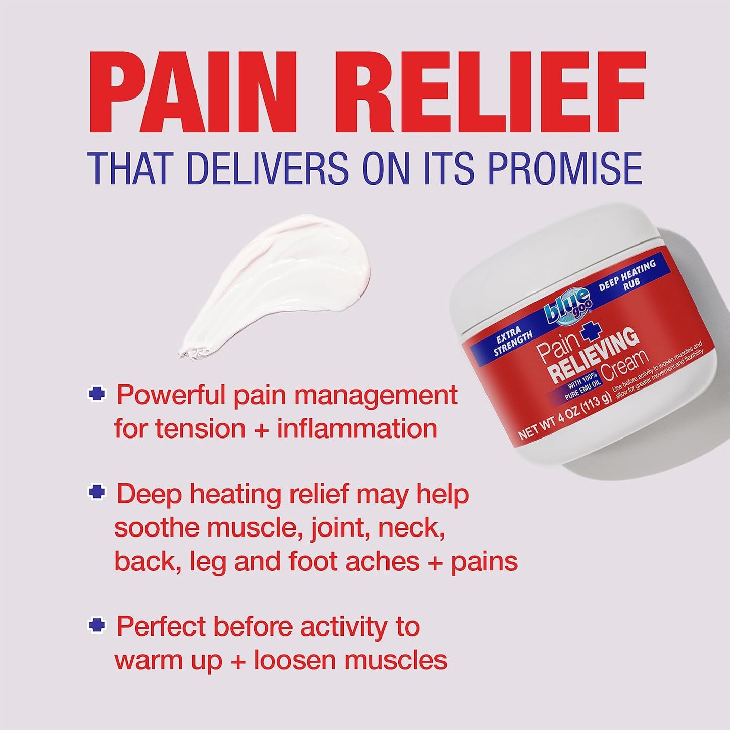 Blue Goo Pain Relieving Cream – Relief for Back/Neck Pain, Sports-Related Muscle/Joint, Sprains/Strains, Deep Heating Rub, Made w/ 100% Pure Emu Oil, 4 oz (1 Pack)