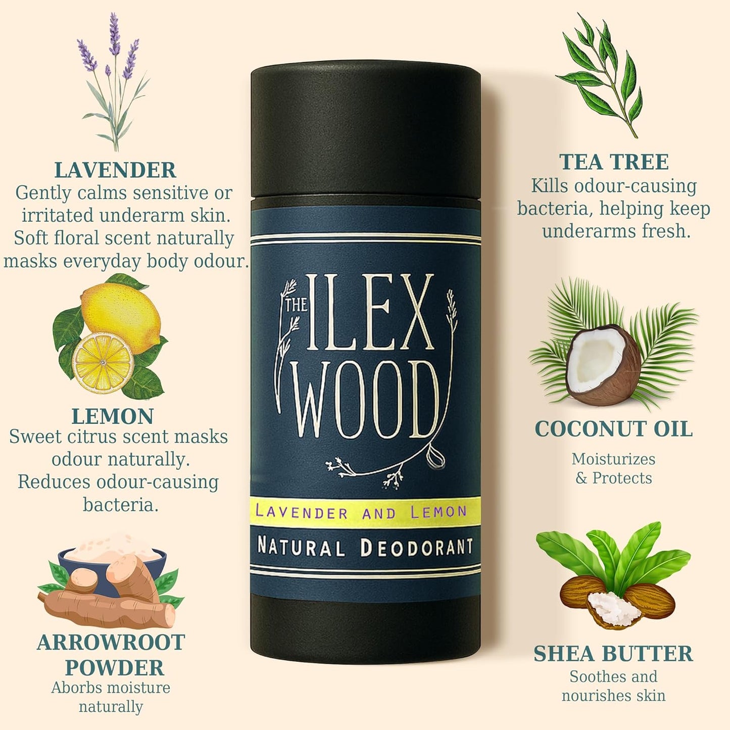 The Ilex Wood - Lavender and Lemon Natural Deodorant - 2.4fl oz. Natural Deo in Recyclable Cardboard Tube, Vegan, no Plastic, no Alcohol, no Toxins, no Aluminium Salts & Cruelty Free for Women & Men