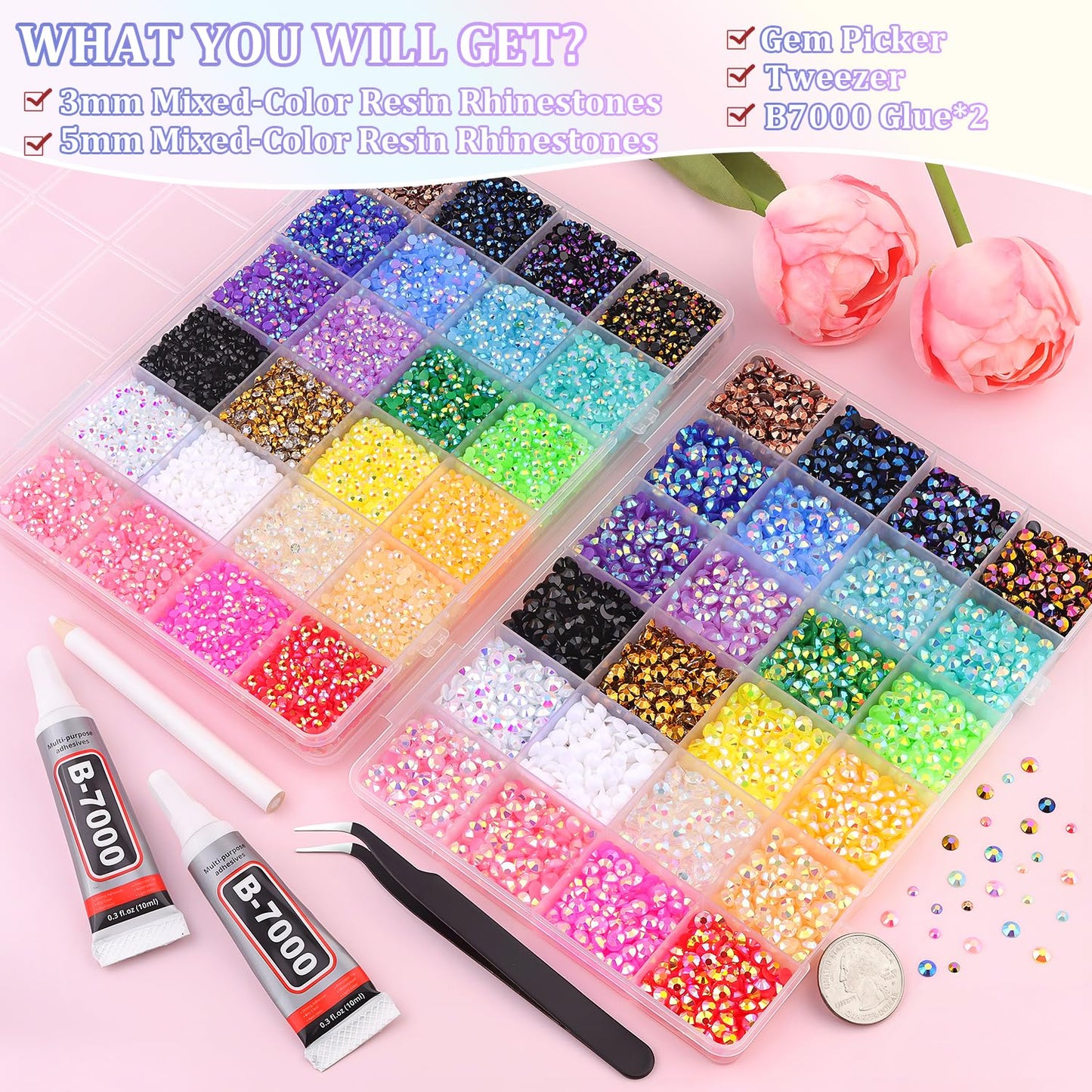 2 Boxes Jelly Rhinestones for Bedazzling, 30600Pcs 3mm & 5mm Multicolor Flatback Resin Gems for Crafting, Bedazzler Kit with 2Pcs 10ml B7000 Jewelry Glue for DIY Crafts Book Fabric Decor Nail Art