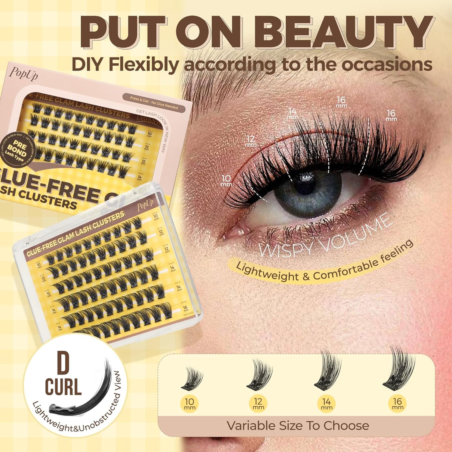 PopUp Self Adhesive Eyelashes Clusters, Press On Lashes Pre Glued Eyelash Extension Kit with Lash Tweezer,10-16mm No Glue No Remover Needed Self Adhesive Lashes Clusters NM03