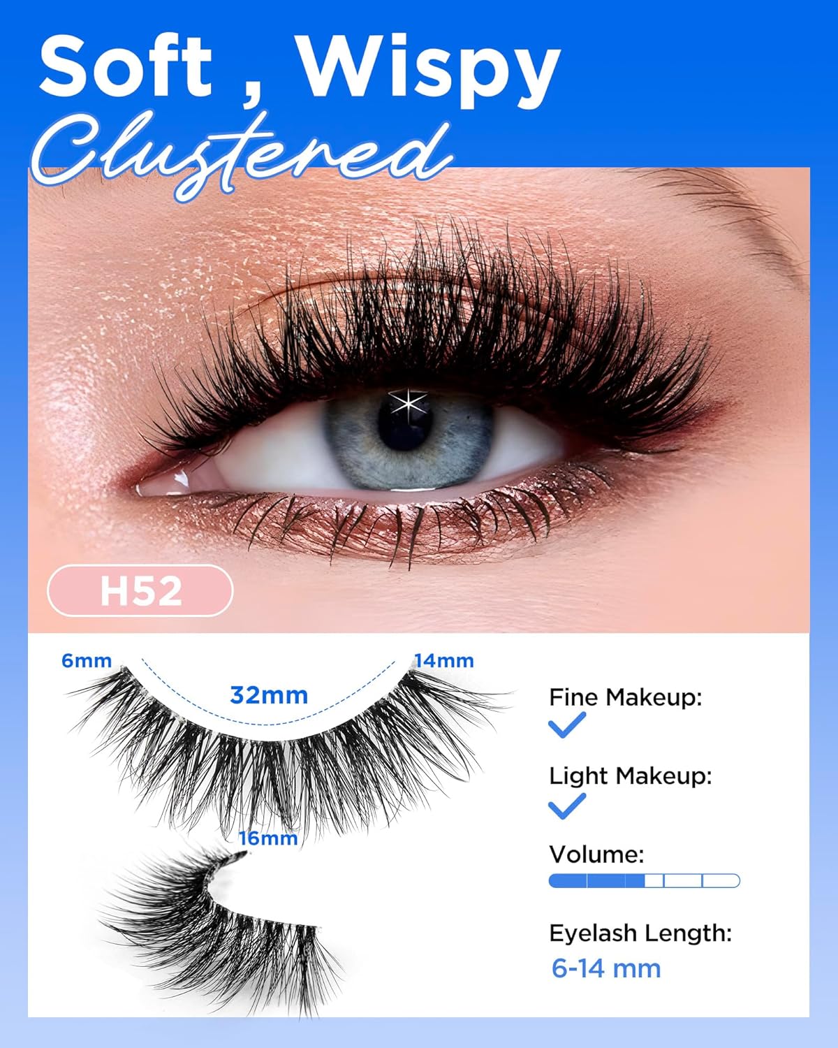 BEYELIAN 14 Pairs False Eyelashes D Curl Lashes Strip, 6-14MM 3D Volume Lash Pack Soft and Lightweight Faux Mink Lashes That Look Like Extensions, Reusable, Easy to Apply(14P-HSCS-52)