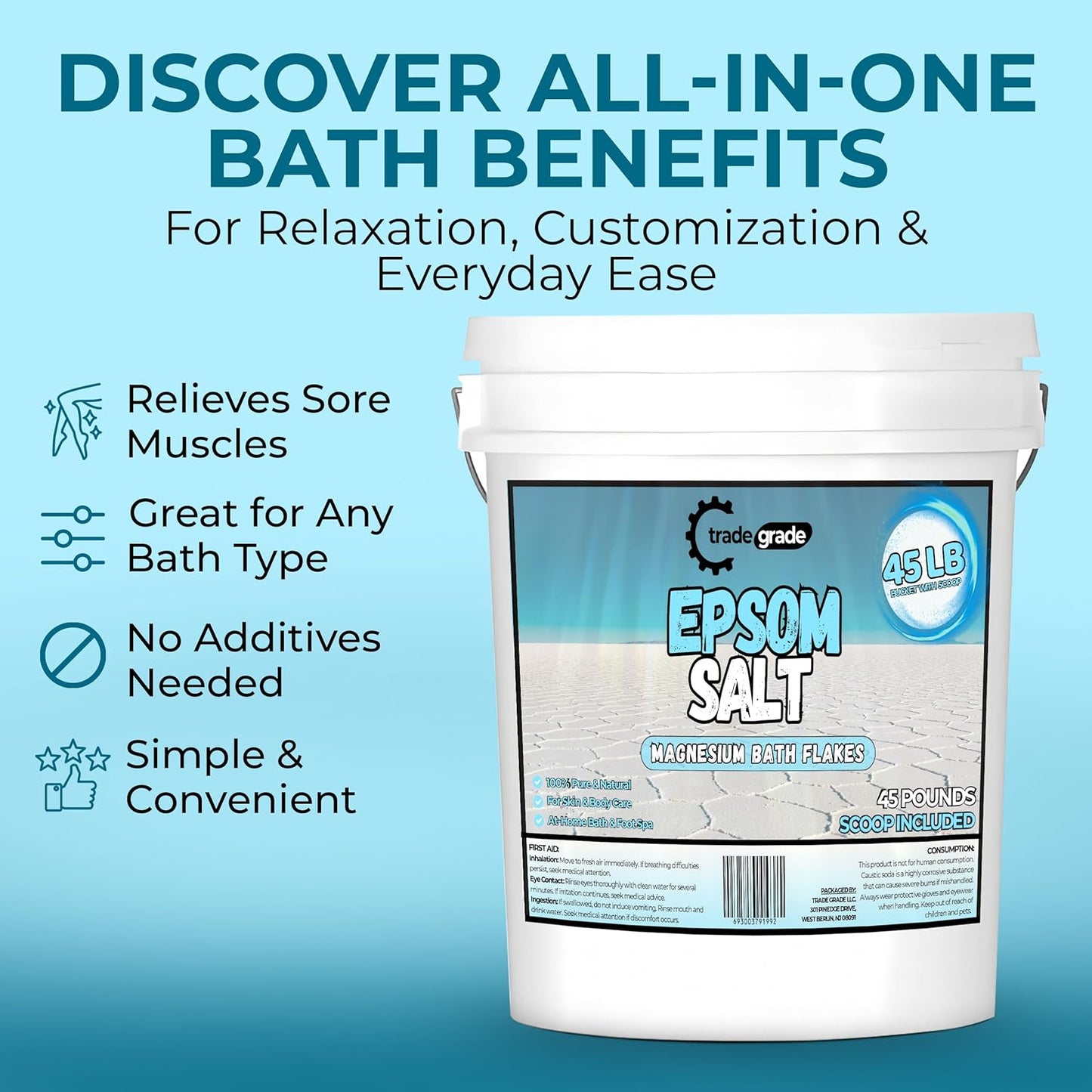 Epsom Salt Bath Soak 45 lb Bucket – Unscented, Pure Epsom Salt Bulk Crystals, Magnesium Sulfate for Full Body or Foot Soaks, Resealable Container with Scoop for Home Bath Use