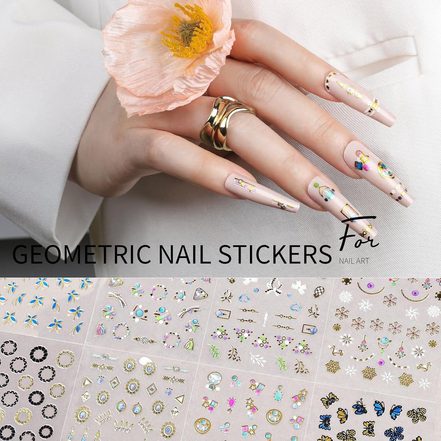 Teenitor 50 Sheets Nail Stickers for Nail Art, Flower Nail Art Stickers Gold Floral Nail Decals for Nails Design, Nail Decor Nail Accessories for Women Girls Kids Summer