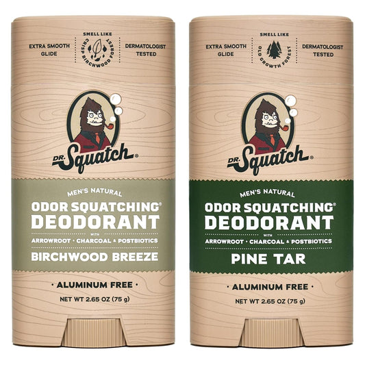 Dr. Squatch Natural Deodorant for Men - Odor-Squatching Aluminum Free - Pine Tar & Birchwood Breeze (2.65 oz, 2-Pack)