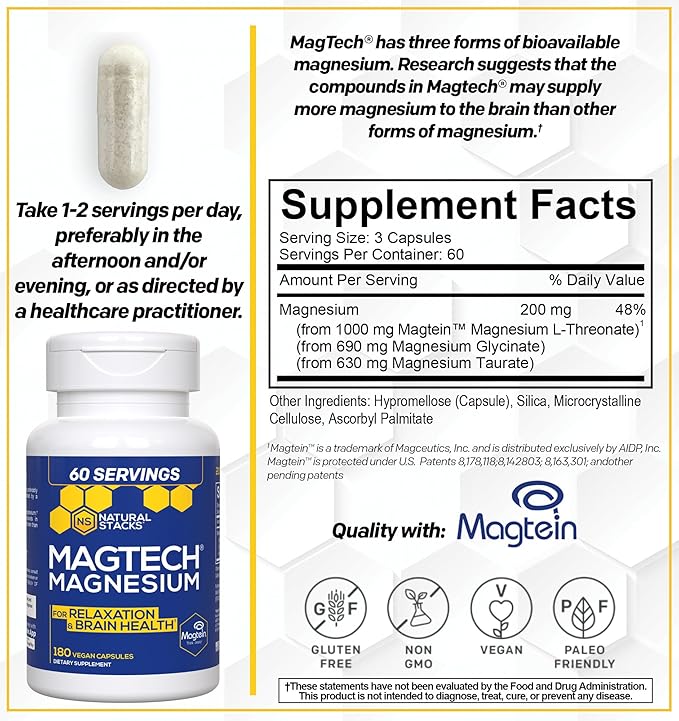 MagTech Magnesium Supplement - Chelated Magnesium Complex - 3 Forms of Magnesium: Magtein Magnesium L-Threonate, Glycinate & Taurate - Supports Relaxation & Brain Health*, 180 Magnesium Capsules