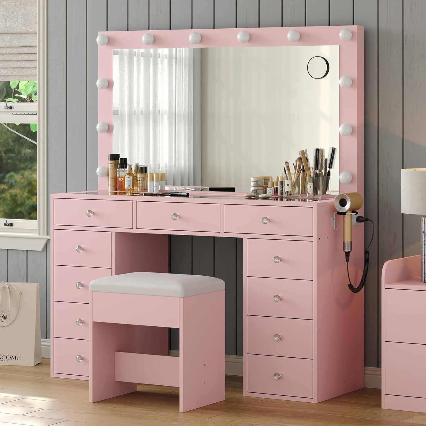 11 Drawers Vanity Desk, Makeup Vanity with Power Outlet, Glass Top, Vanity with Mirror and Light, 3 Color Option, Brightness Adjustable, Dressing Table for Bedroom
