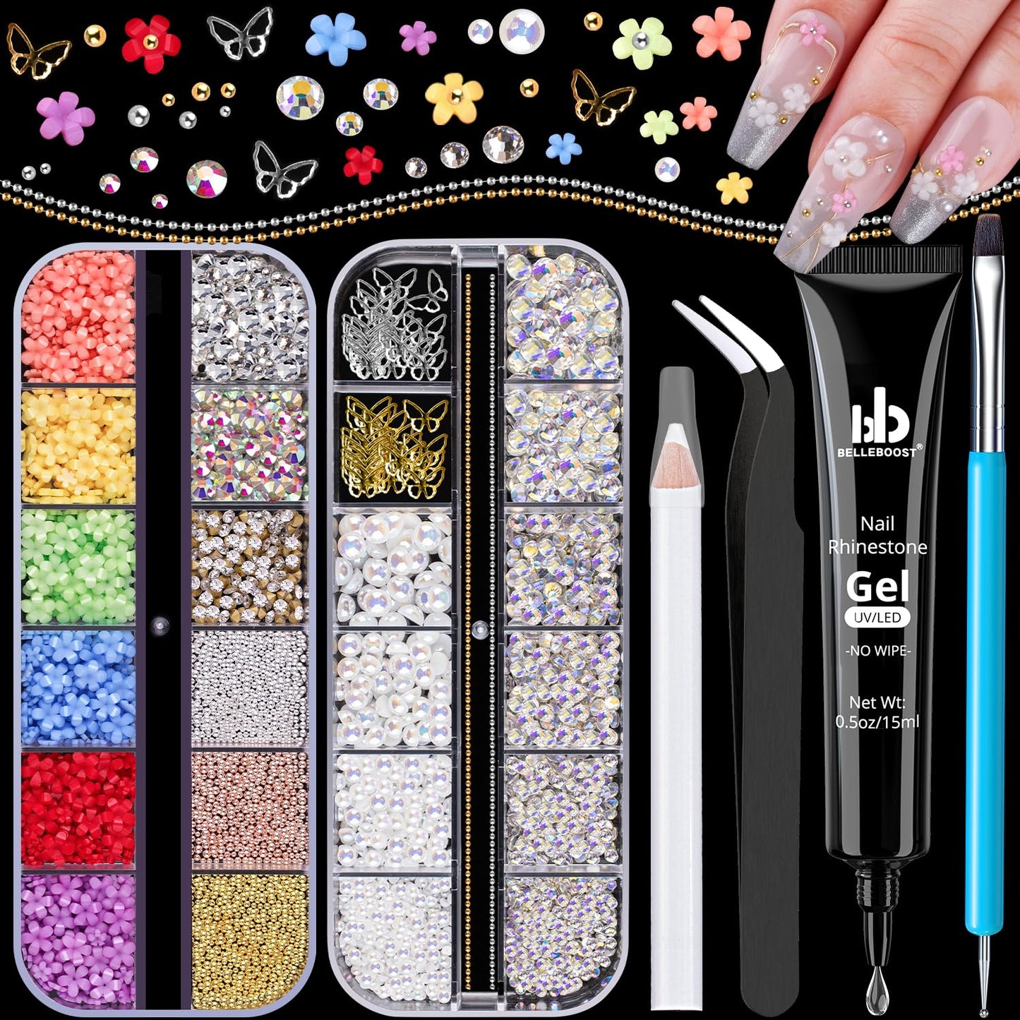 3D Nail Charms, Manicure Kit with Nail Rhinestone Glue Gel (UV Curing), Butterfly Colorful Flower Starry AB Gems Caviar Beads Half Round Pearl & Flatback Glass AB + Clear Gems with Dotting Tools