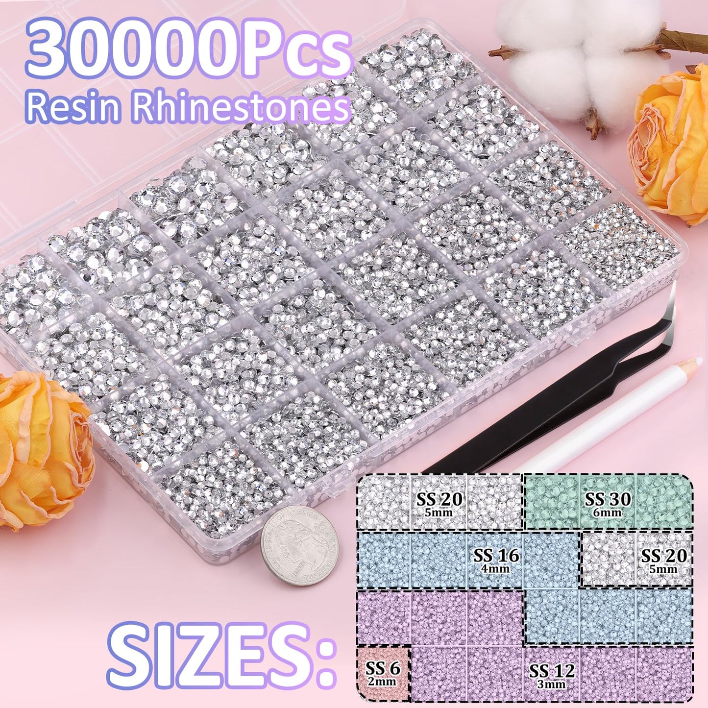 30000Pcs Clear Rhinestones for Bedazzling with B7000 Jewelry Glue, Bedazzler Kit Flatback Gems, Resin Rhinestones for Crafting Crafts Clothing Shoes Fabric Nail Art Assorted Size 2/3/4/5/6mm