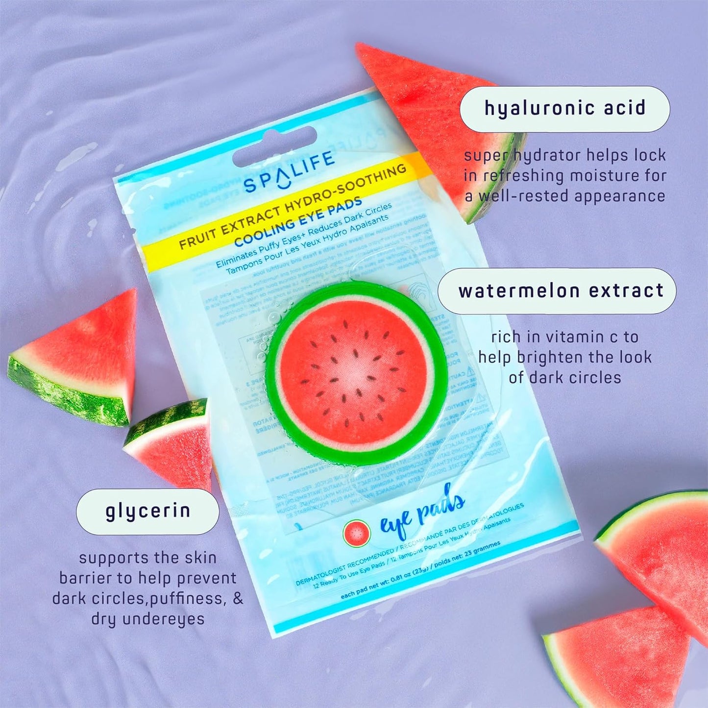 SpaLife Watermelon Cooling Eye Pads, 48 Hydrating Under Eye Patches for Puffiness, Dark Circles, and Tired Eyes, Infused with Hyaluronic Acid, Glycerin, and Vitamin C, Fruity Scent