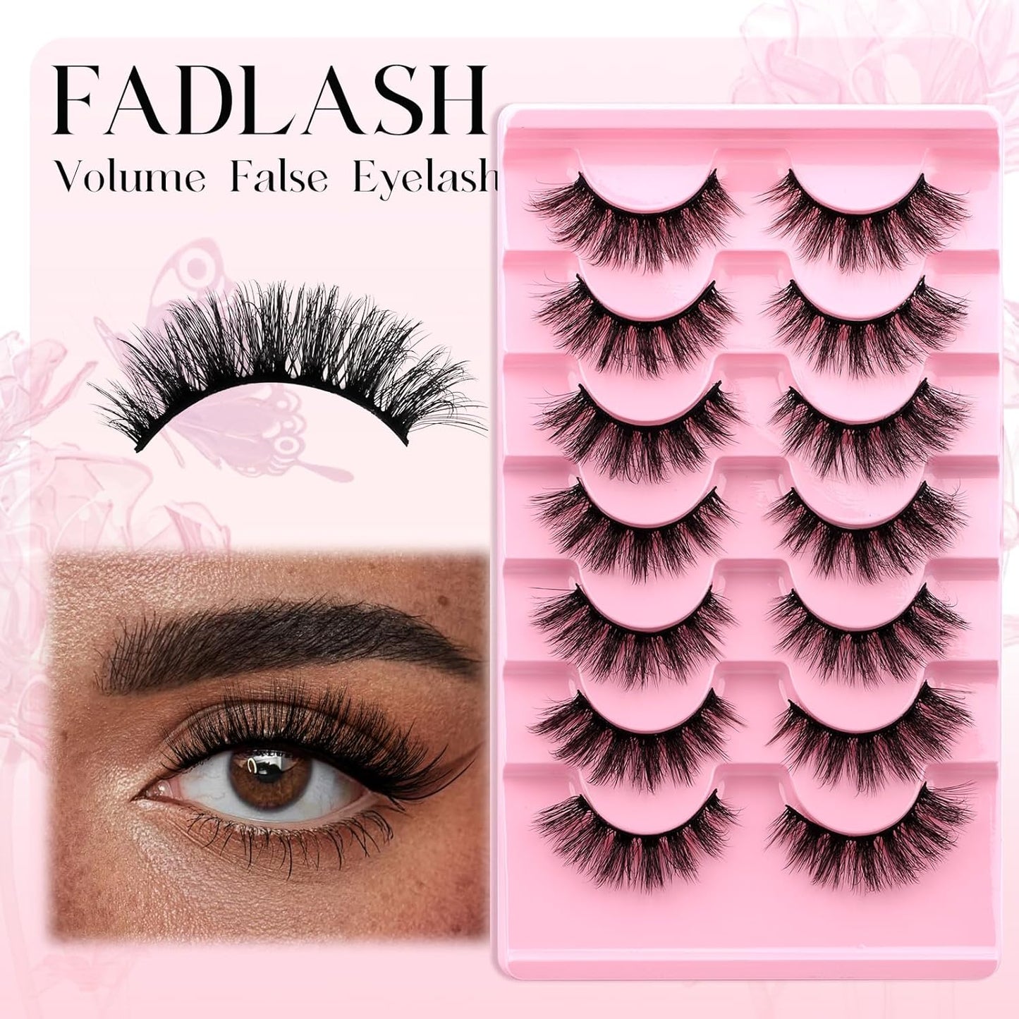 FADLASH False Eyelashes Fluffy and Voluminous Cat Eye Lashes with Thin Band Wear Comfortable Black Fake Lashes, Pack 7 Pairs, XH42
