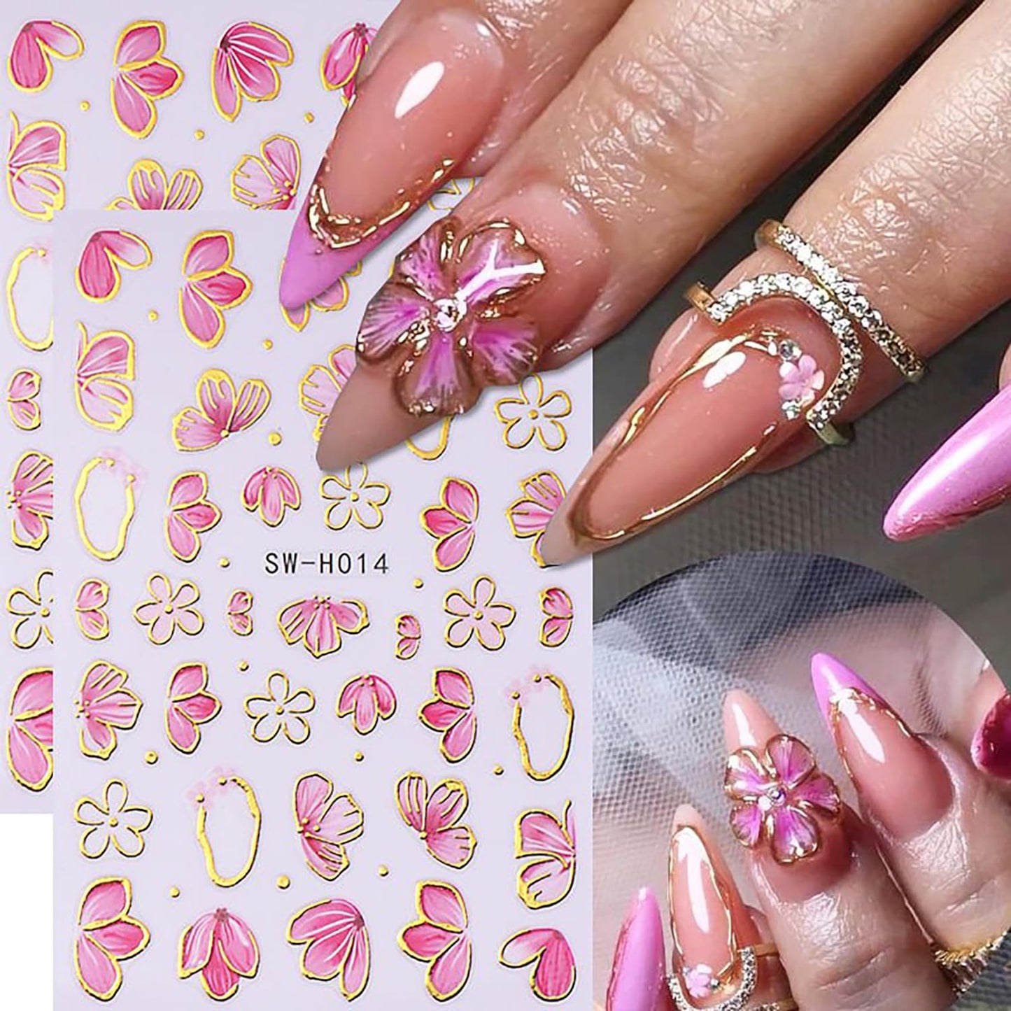 6 Sheets Flower Nail Art Stickers 3D Self-Adhesive Hot Stamping Blossom Nails Sticker Spring Nail Art Decals Holographic Floral Nails Decal Decoration for Women Flowers Manicure DIY Nail Supplies