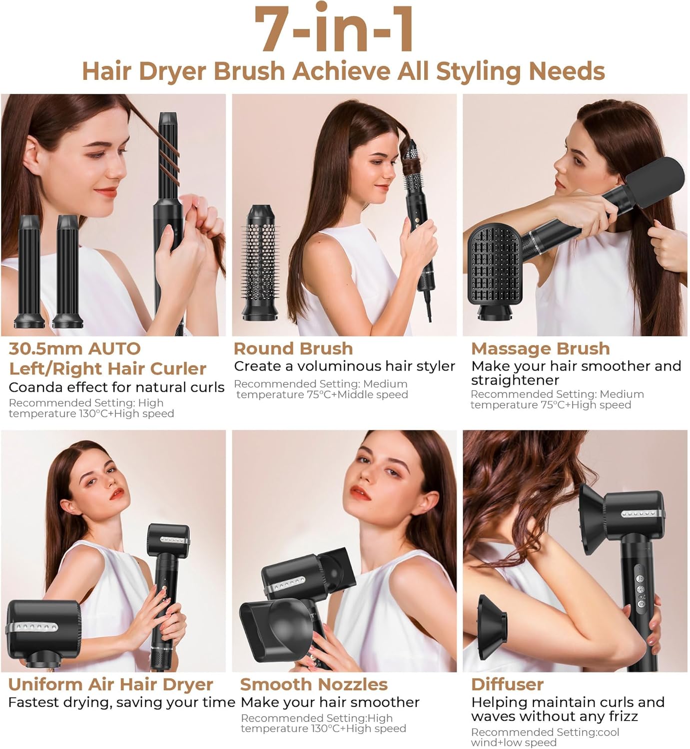 7 in ONE Hair Dryer Brush, Powerful Blow Dryer Brush with Auto- Wrap Curler, Detachable Fast Drying, Volumizing, Curling, Straightening, Ionic Hair Dryer with Diffuser, Hair Styling Tools 100-120V