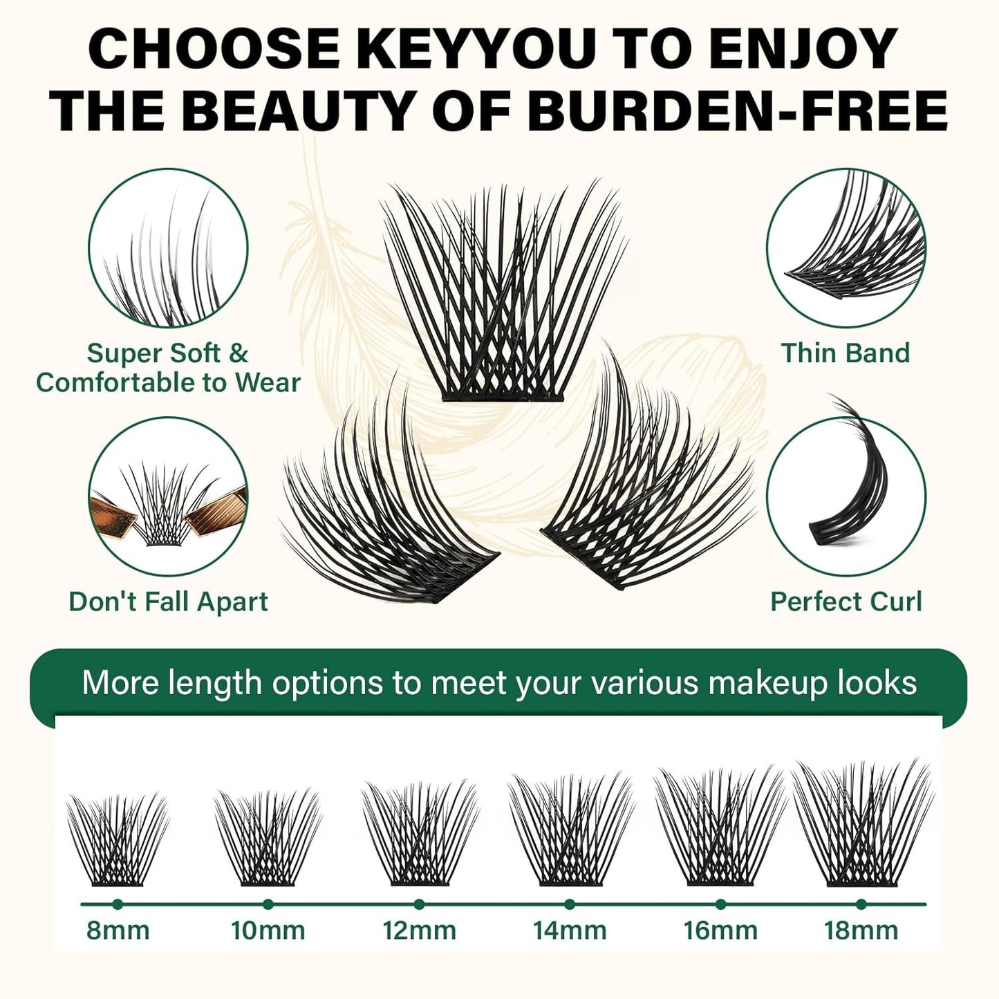 KEYYOU Lash Clusters 144pcs Individual Lashes D Curl 16mm Eyelash Clusters Super Lightweight Air Touch Cluster Lashes Soft&Wispy Comfortable Easy to DIY at Home(Air01-D-16mm)