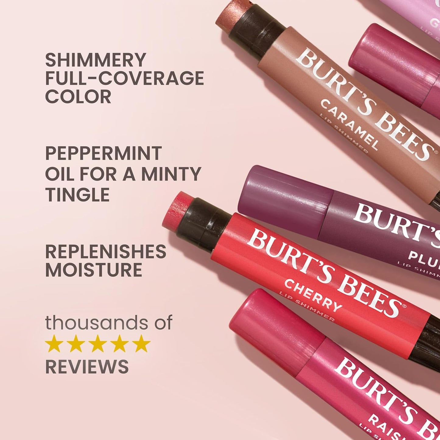 Burt's Bees Shimmer Lip Tint Set, Tinted Lip Balm Stick, Moisturizing for All Day Hydration with Natural Origin Glowy Pigmented Finish & Buildable Color, Rhubarb (4-Pack)
