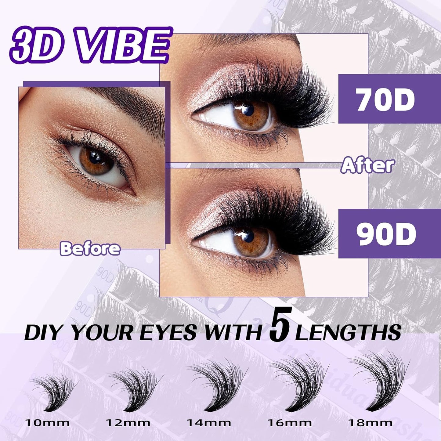 Lash Extension Kit 3D Thick Lash Clusters Kit 280pcs Eyelash Extension Kit 10-18mm 70D+90D D Curl DIY Lash Extension Kit with Lash Bond and Seal, Lash Remover (KIT-70D+90D-MIX10-18mm)