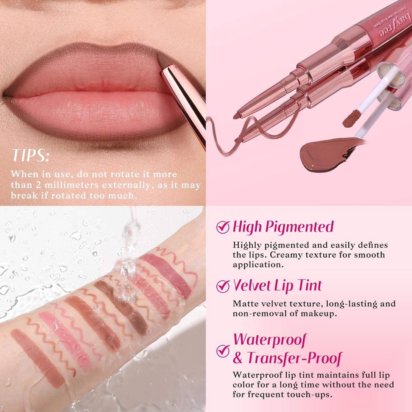 2-IN-1 Lip Liner and Lip Stain, High Pigmented Long Lasting Velvet Lip Tint, Well-Defined Lipliner, Weightless Waterproof Not Animal Tested, Matte Finish Makeup