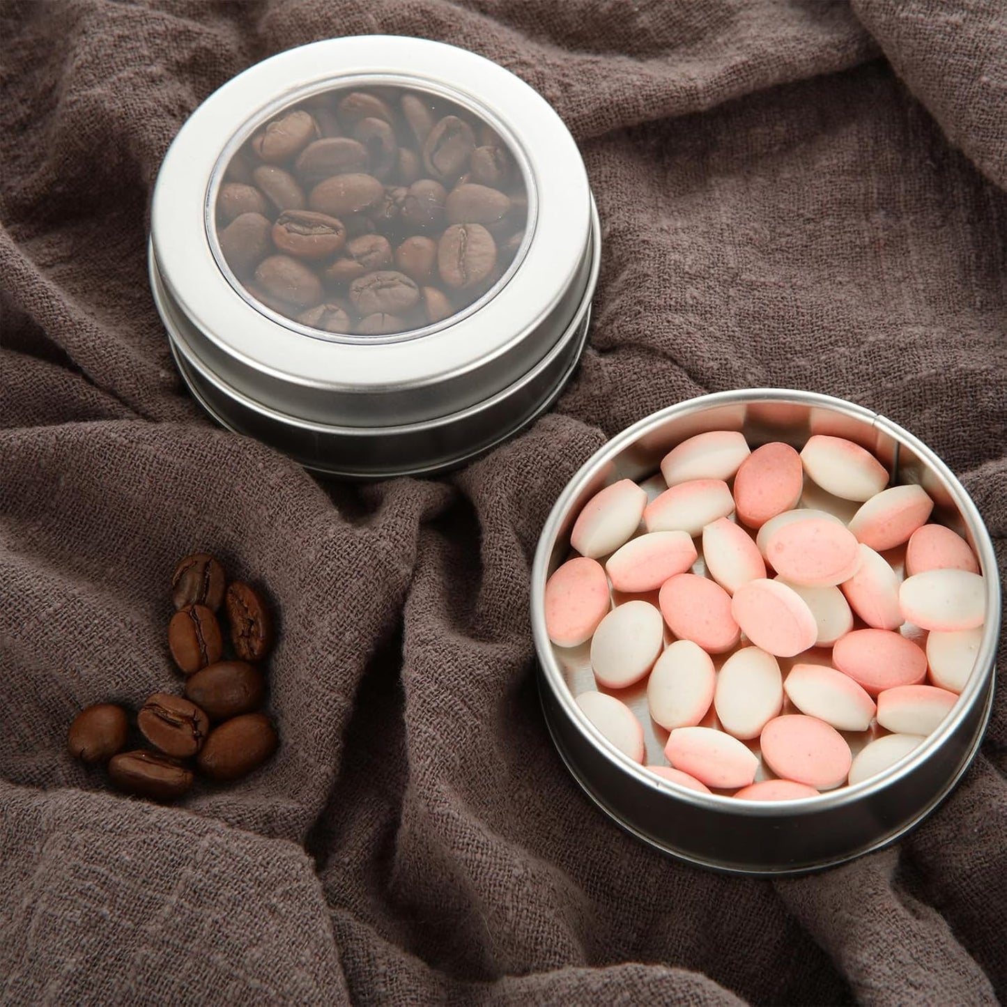 50Pcs 2 Oz Metal Tin Cans, Round Empty Containers with Clear Top, Salve Tins Containers With Lids for Candles Salve Cosmetic Candies Food Storage