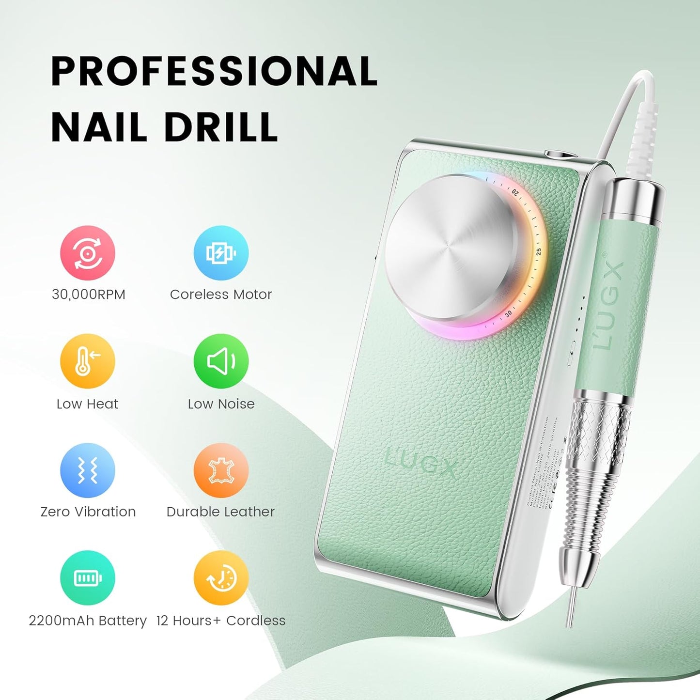 L'UGX Professional Nail Drill 30000RPM, Cordless Rechargeable Electric Nail File for Acrylic Nails Gel Polishing, Efile Nail Kit for Manicure Pedicure, Low Noise Low Vibration, 7Pcs Drill Bits, Green