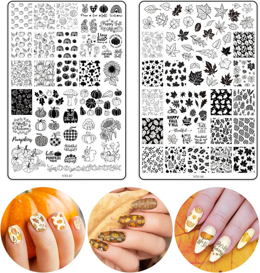 2 Sheet Fall Thanksgiving Nail Art Stamping Plate Kit Assorted Pumpkins Maple Leaves Autumn Blessing Collection Nail Art Plate for Holiday DIY Print Manicure Salon, 5.7 x 3.7inch