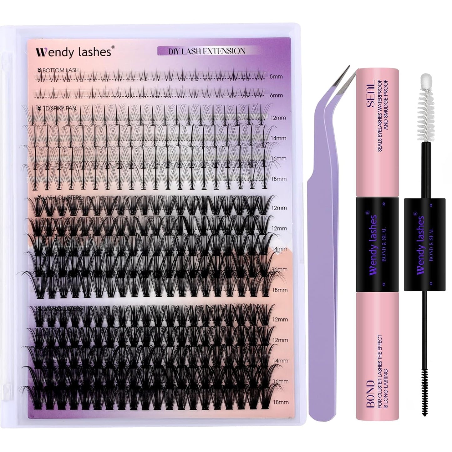 DIY Lash Extension Kit Lash Clusters With Bottom Lashes 20/30/40/50D 12-18mm Multi-types Individual Lashes Bond and Seal, Spike, Nature Volume Lashes Kit Lash Applicator(40/50 Kit)