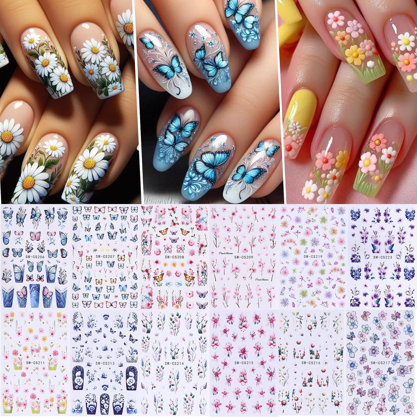 Flower Stickers for Nail Art Decals - 12 Sheets Spring Butterfly Nail Stickers with Tweezers 3D Floral Leaves Plant Nail Art Designs DIY Self Adhesive Daisy Blossom Nail Supplies Decorations