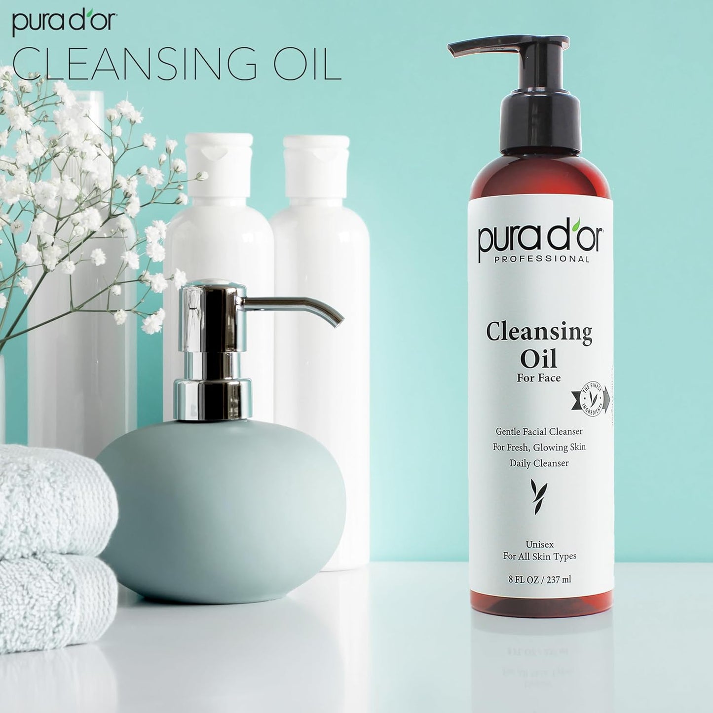 PURA D'OR Facial Cleansing Oil (8 Oz x2 = 16 Oz) Nourishing Botanical Blend with & Vitamin, Jojoba and Sunflower Oil - Gentle Makeup Remover & Deep Cleanser For Healthy, Glowing Skin - Paraben-Free