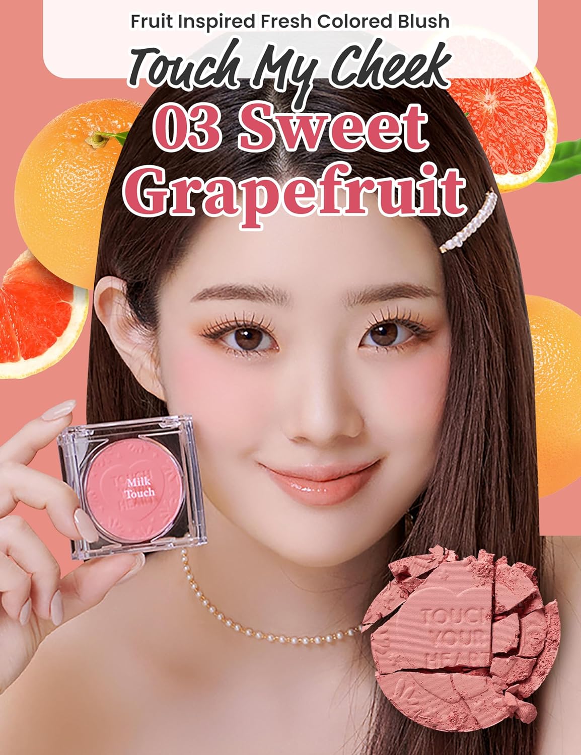 MILKTOUCH Touch My Cheek in Bloom Blush Sweet Grapefruit | Face Blushes Compact Powder Makeup | Shimmer Powder Blush Oil Absorbing Powder Compact | Face Powder for Oily Skin Korean Blush (0.18 oz)