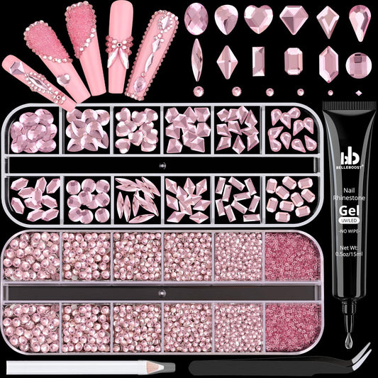 Pink Glass Nail Rhinestones - 2680pcs Multi-Shaped Flatbacks + 2560pcs Round Crystals with Glue Gel, Perfect for Nail Art