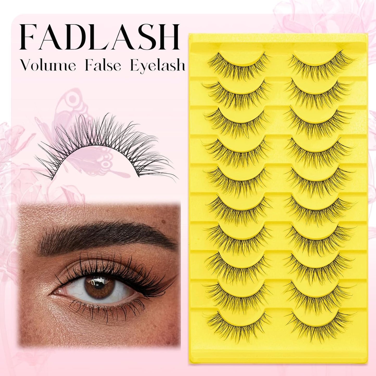 False Eyelashes Natural Look Cat Eye Lashes Wear Comfortable Black Fake Lashes with Thin Band, Pack 10 Pairs, BY004 FADLASH