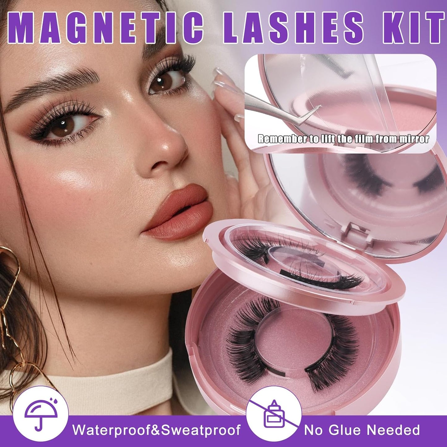 2-Pairs Magnetic Eyelashes Kit with Applicator: Natural Reusable Soft Waterproof False Lash, No Glue Needed, Wendy Lashes, A, K8+604
