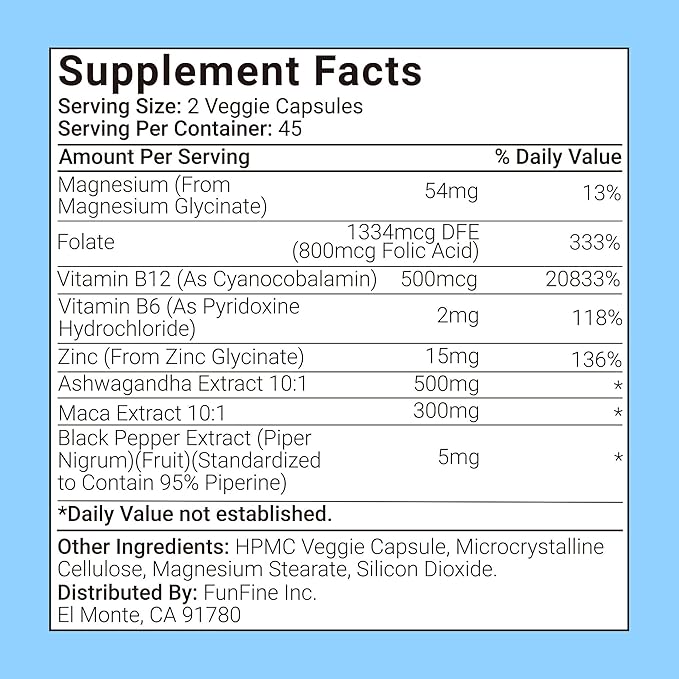 Ashwagandha Supplements with Maca Magnesium Vitamin B6 B12 for Energy Support, Calmness, and Restful Sleep, Support Cortisol Supplement for Men and Women, 90 Capsules