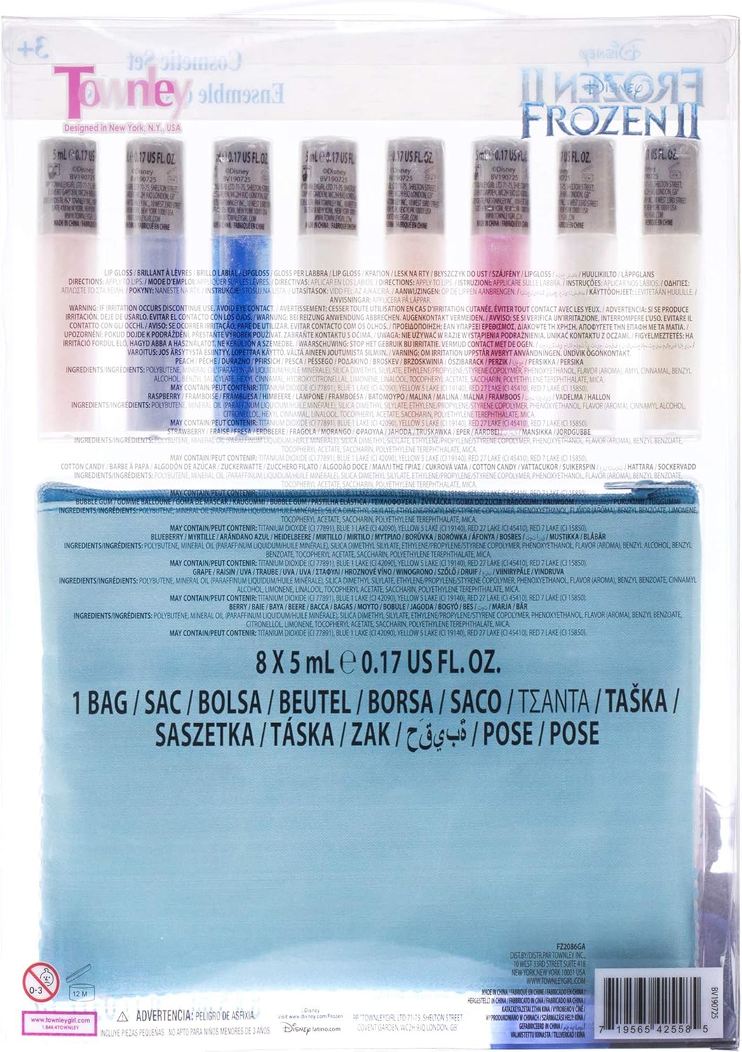 Townley Girl Disney Frozen 2 Anna and Elsa Lip Gloss Set with Sequin Bag, Ages 3+ (9 Pcs)