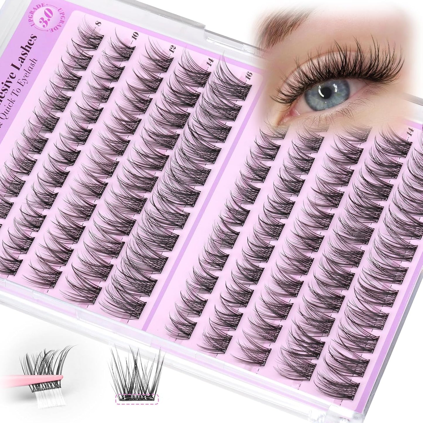 Yawamica Self Adhesive Eyelashes Wispy Lash Clusters No Glue Needed DIY Lash Extension 8-16mm Pre-Glued Eyelash Clusters Reusable Press on Lashes Natural C Curl Individual Lashes DIY Lash for Beginner