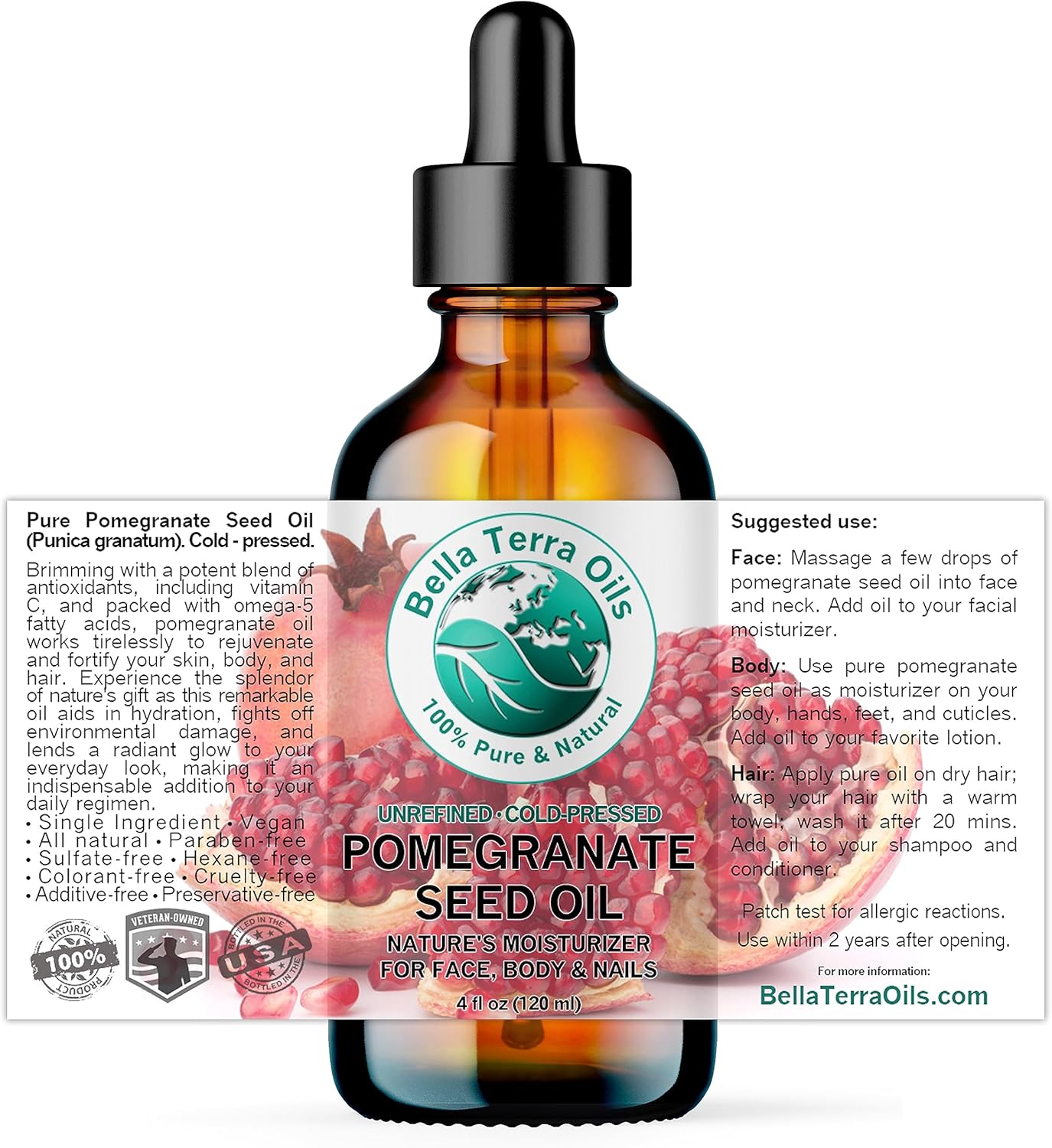 Bella Terra Oils - Organic Pomegranate Seed Oil 4 oz - A Powerhouse of Nutrients & Essential Fatty Acids, Delightfully Cold-Pressed for Pure Skin Nourishment