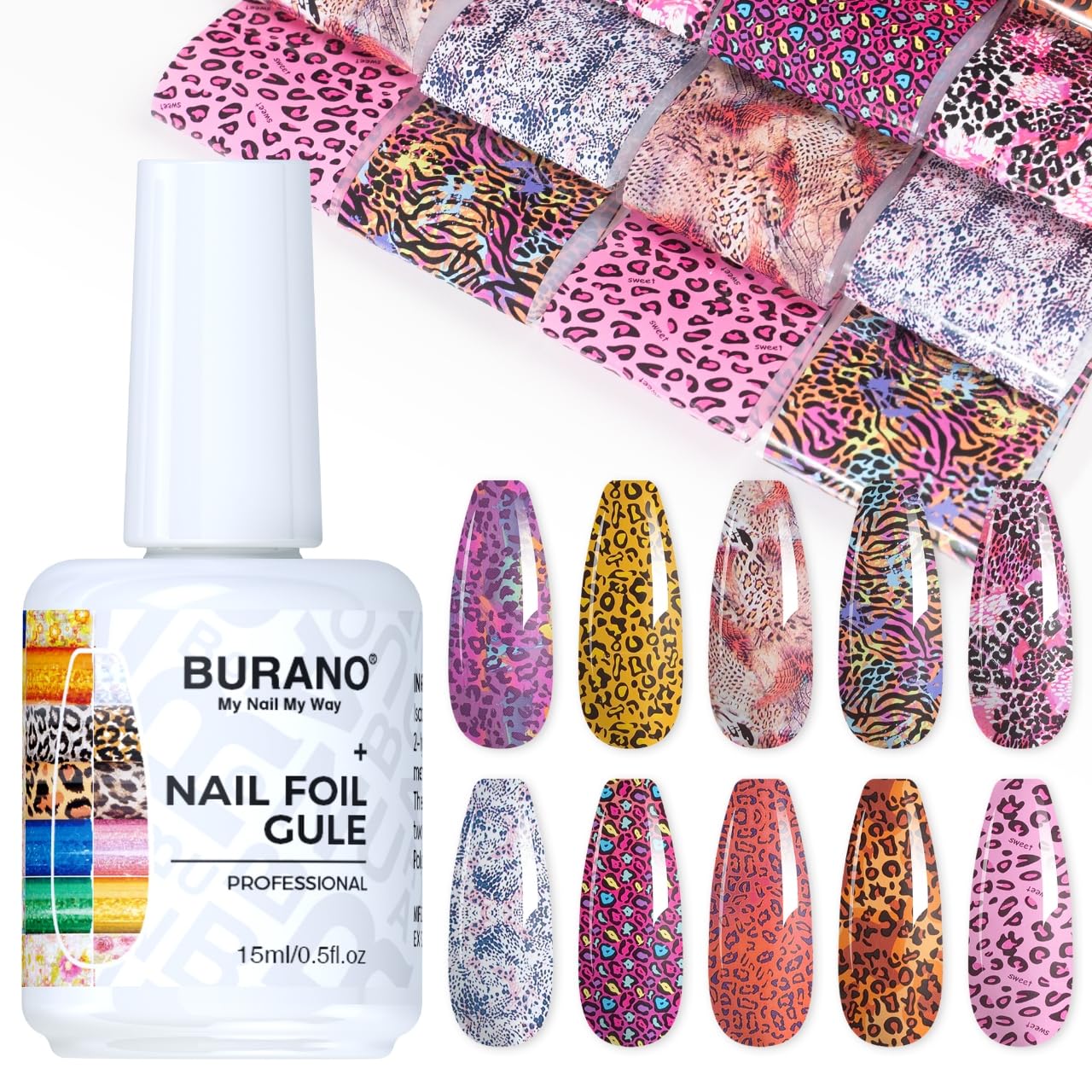 BURANO Nail Art Nail Foil Glue Gel, o.5 oz with 10PCS Foil Stickers Set Nail Foil Glue for Nails Foil Transfer Gel, Nail Design DIY UV LED Lamp Required (Animal Foil 07)