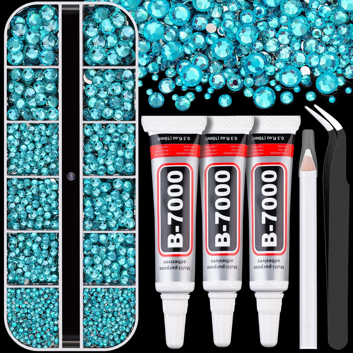 Resin Rhinestones for Crafting with B7000 Jewelry Glue, 1 Box Teal Blue Flatback Crystals with 3Pcs 10ml Glue for Bedazzling Crafts DIY Nail Art Makeup，Non Hotfix Gems for Clothing Shoes