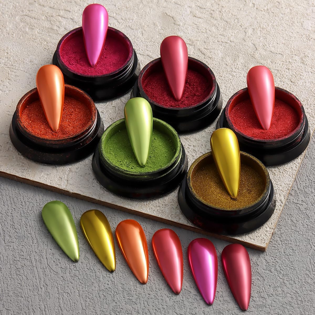 Chrome Nail Powder Set - Red, Green, Gold, Mirror Effect Glitter Powder - 6 Colors, Metallic Chrome Powder With 2PCS Silicone Applicator Brushes - Christmas Nail Design