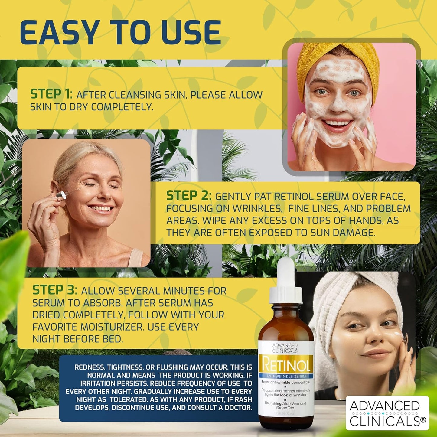 Advanced Clinicals Retinol Facial Serum Moisturizer Skin Care For Face, Anti Aging Retinol Concentrate Reduces Appearance Of Wrinkles & Fine Lines W/Aloe Vera & Green Tea, 1.75 Fl Oz (Pack of 2)